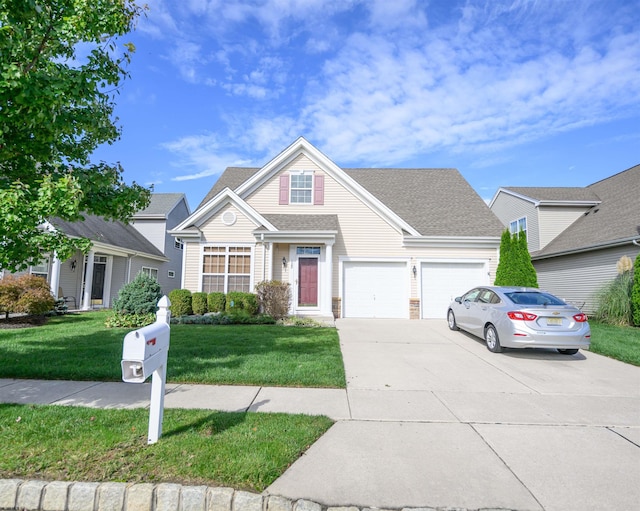 view of front of home with a front yard and a garage