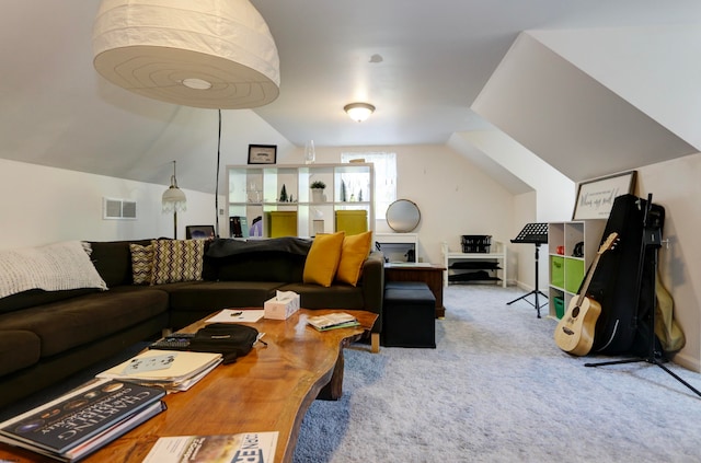 living room featuring lofted ceiling and light carpet