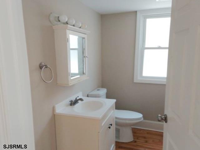 bathroom with vanity, toilet, and hardwood / wood-style flooring