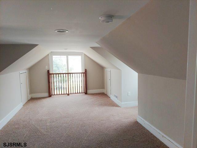 bonus room featuring light carpet and vaulted ceiling