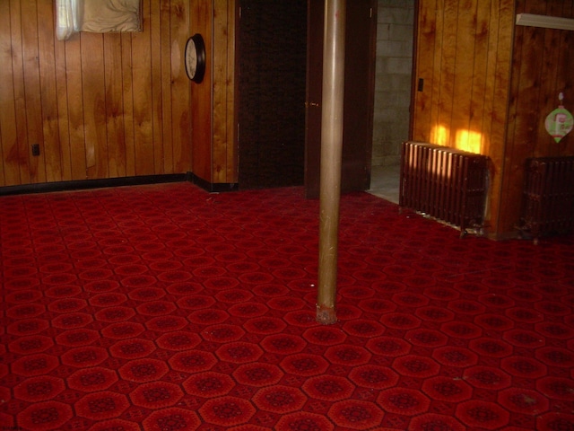 basement featuring radiator and wood walls