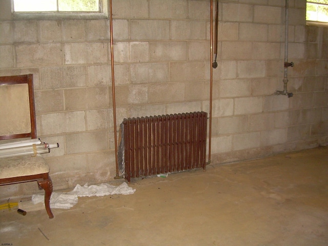 basement with radiator and a wealth of natural light