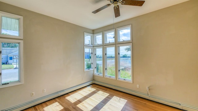 empty room with light wood-type flooring, a water view, baseboard heating, and ceiling fan