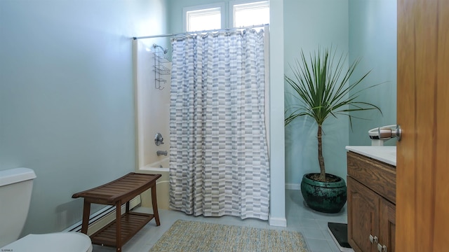 full bathroom with vanity, shower / tub combo, toilet, and tile patterned floors