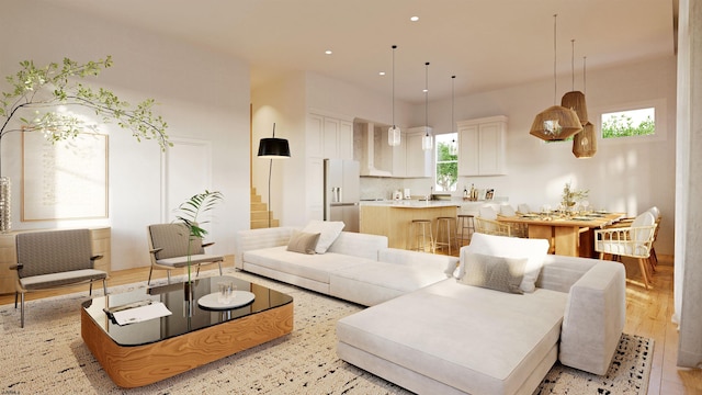 living room featuring a healthy amount of sunlight and light hardwood / wood-style flooring