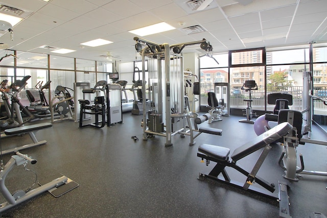 workout area featuring a paneled ceiling and expansive windows