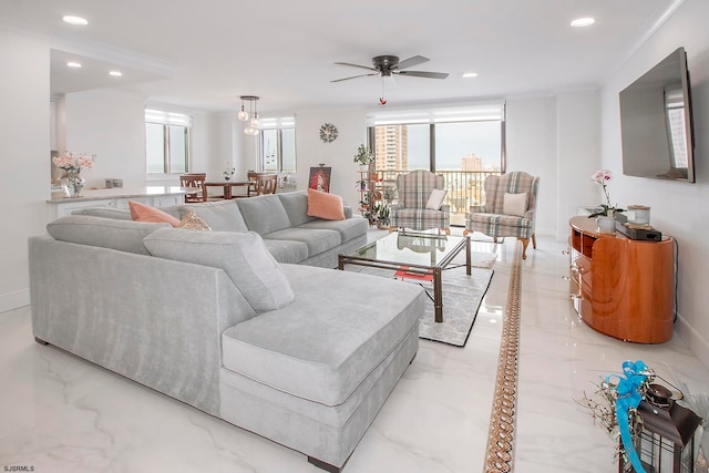 living room with ceiling fan