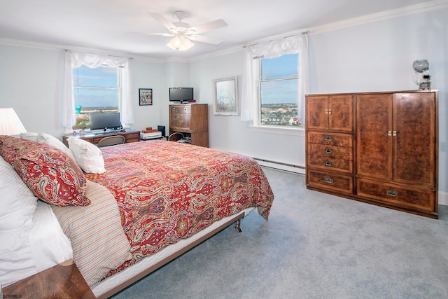 carpeted bedroom featuring ceiling fan, a baseboard radiator, crown molding, and multiple windows