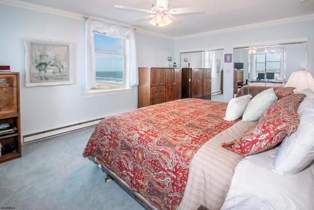 bedroom with ceiling fan, baseboard heating, ornamental molding, and carpet