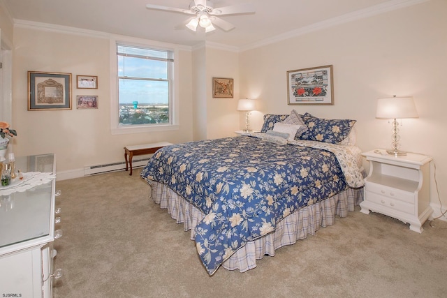 carpeted bedroom featuring ornamental molding, ceiling fan, and a baseboard radiator