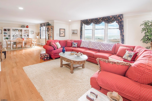 living room featuring ornamental molding and wood-type flooring