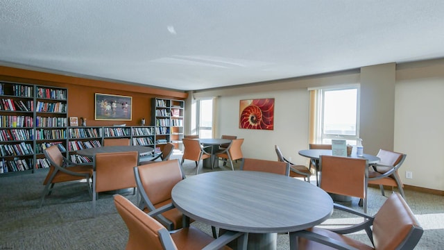 carpeted dining area with baseboards and a textured ceiling