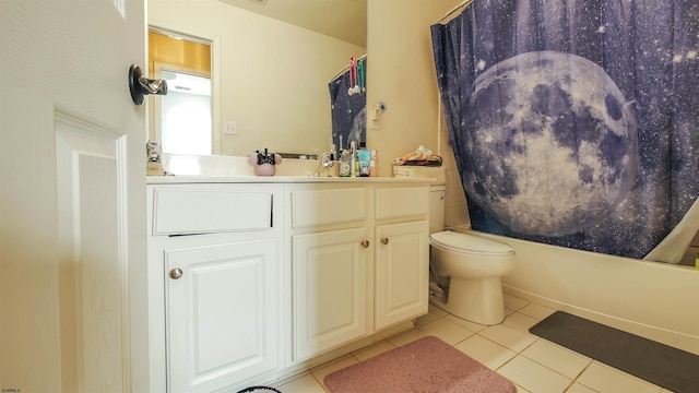 full bathroom with shower / tub combo with curtain, vanity, toilet, and tile patterned floors