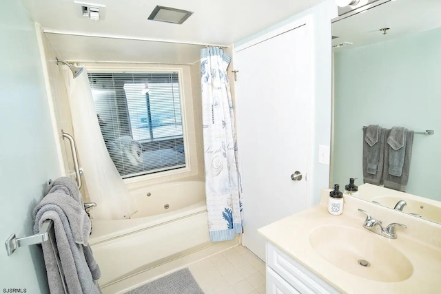 bathroom featuring shower / bathtub combination with curtain, tile patterned flooring, and vanity