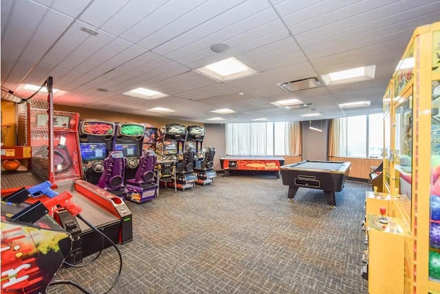 game room with carpet floors, a paneled ceiling, and pool table