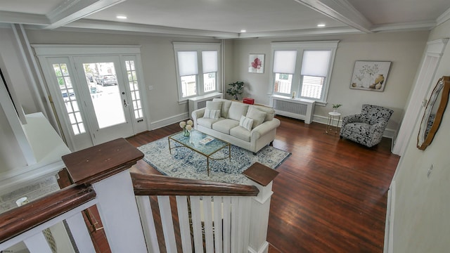 living room featuring beam ceiling, plenty of natural light, radiator heating unit, and dark hardwood / wood-style flooring