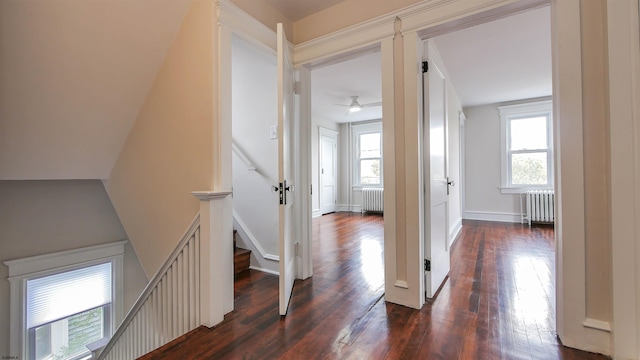 corridor featuring radiator heating unit and dark hardwood / wood-style flooring