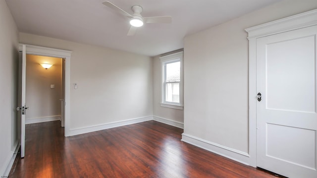 empty room featuring ceiling fan and dark hardwood / wood-style floors