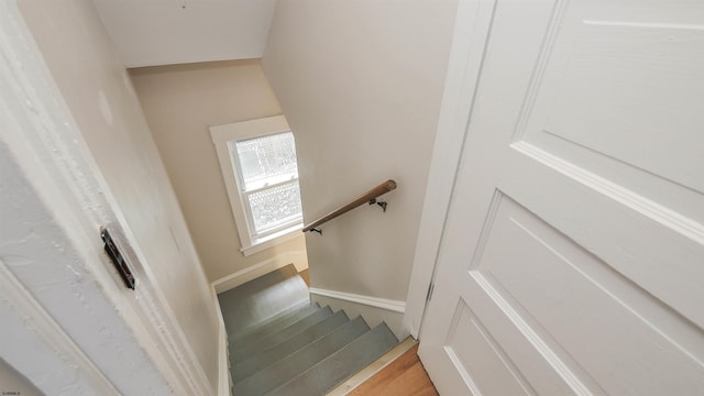 stairway featuring hardwood / wood-style flooring