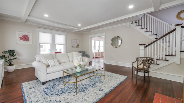 living room with ornamental molding, beam ceiling, and dark wood-type flooring