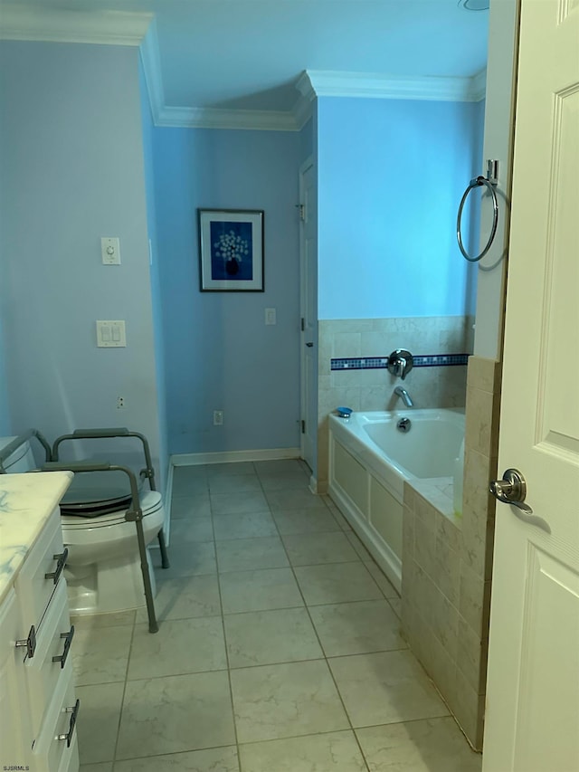 bathroom featuring tiled tub, vanity, crown molding, and toilet