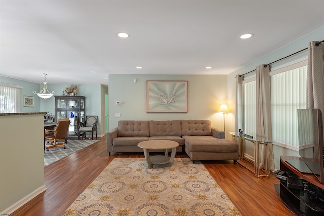 living room featuring wood-type flooring and a healthy amount of sunlight