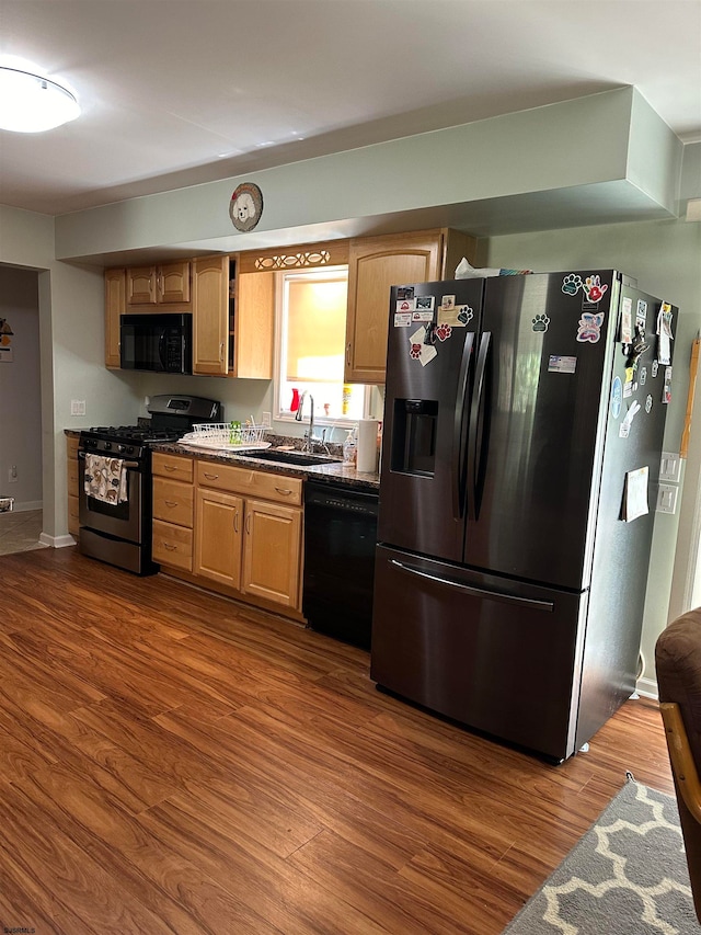 kitchen with dark hardwood / wood-style floors, sink, and black appliances