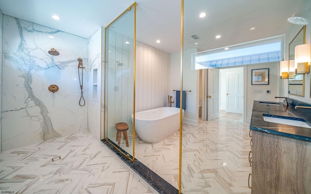 109 S 11th Ave, Longport, NJ 08403 - full bathroom featuring a marble finish shower, a freestanding tub, double vanity, and recessed lighting