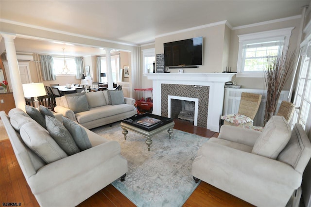 living room featuring a tiled fireplace, plenty of natural light, and wood-type flooring