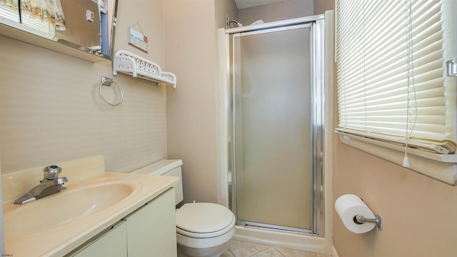 bathroom with tile patterned flooring, toilet, walk in shower, and vanity