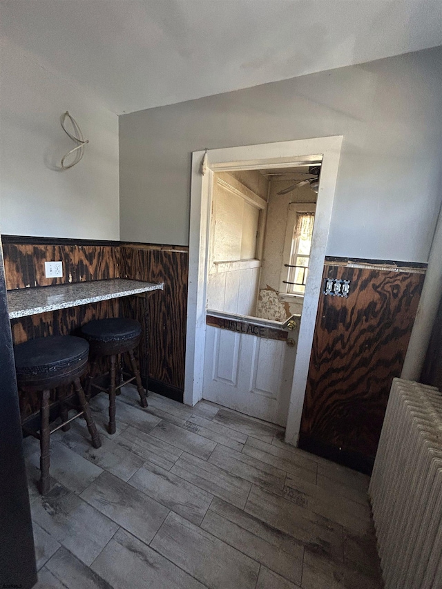 interior space with ceiling fan, hardwood / wood-style flooring, and radiator heating unit