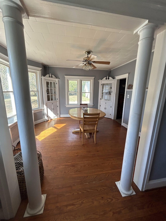 dining space featuring a healthy amount of sunlight, ceiling fan, and dark wood-type flooring