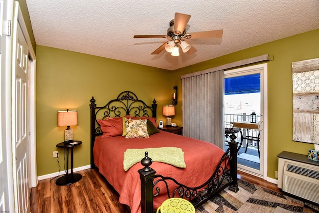 bedroom featuring ceiling fan, a textured ceiling, a closet, and hardwood / wood-style floors