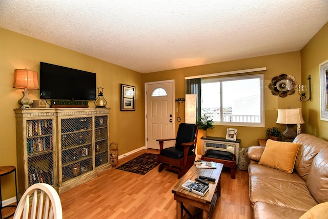 living room featuring hardwood / wood-style floors and a textured ceiling