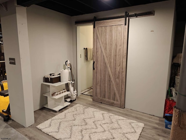 basement with a barn door and hardwood / wood-style flooring