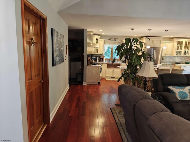 living room featuring dark wood-type flooring and sink