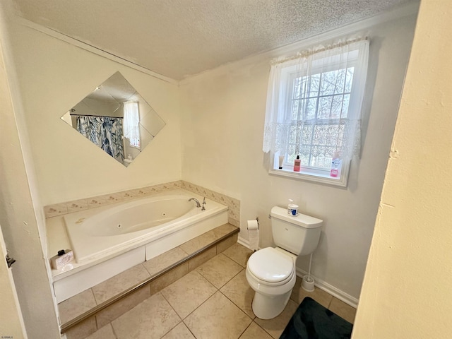 bathroom featuring tiled bath, tile patterned flooring, a textured ceiling, and toilet