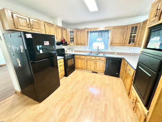 kitchen featuring sink, light wood-type flooring, ornamental molding, and black appliances