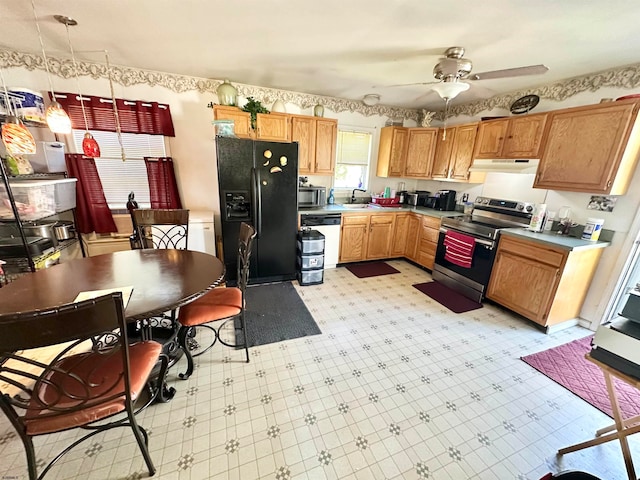 kitchen with stainless steel appliances, hanging light fixtures, sink, and ceiling fan