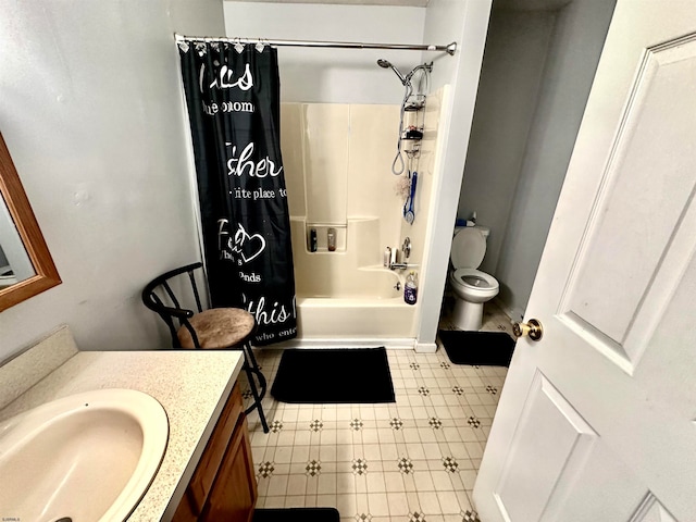 full bathroom with vanity, toilet, and shower / tub combo with curtain