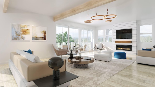 living room featuring beam ceiling and light hardwood / wood-style flooring