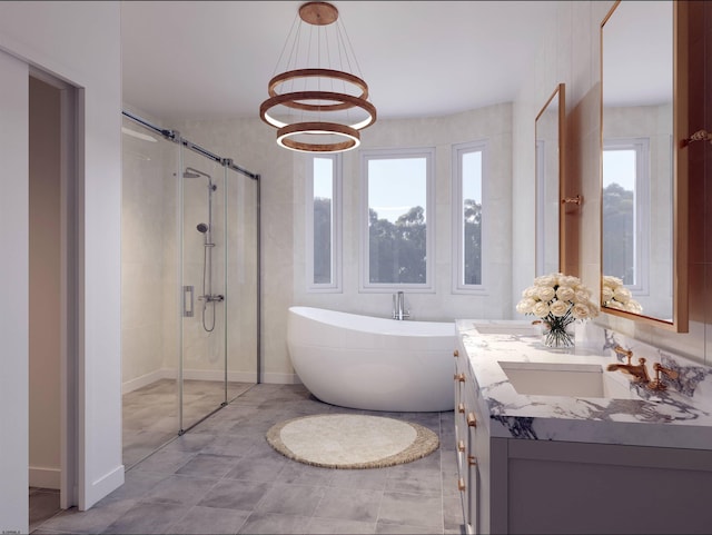 bathroom featuring a notable chandelier, vanity, and independent shower and bath