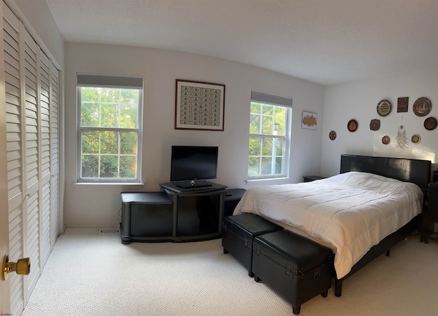 bedroom with a closet, carpet flooring, and multiple windows