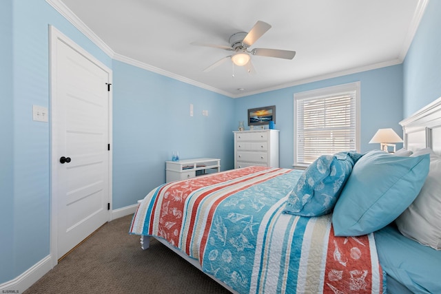 bedroom with ceiling fan, ornamental molding, and carpet