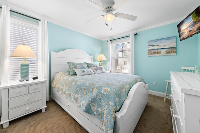 bedroom with ornamental molding, carpet flooring, and ceiling fan