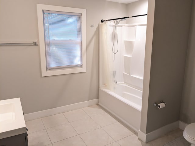 full bathroom featuring vanity, shower / tub combo, toilet, and tile patterned floors