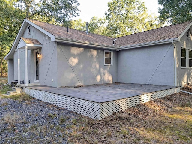 2406 Oslo Ave, Mays Landing, NJ 08330 - rear view of house featuring stucco siding, a wooden deck, and roof with shingles