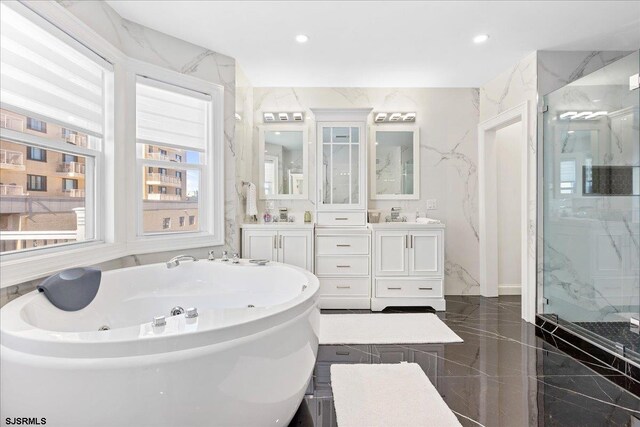 107 S Austin Ave, Ventnor, NJ 08406 - full bath featuring a bath, vanity, recessed lighting, a marble finish shower, and granite floors