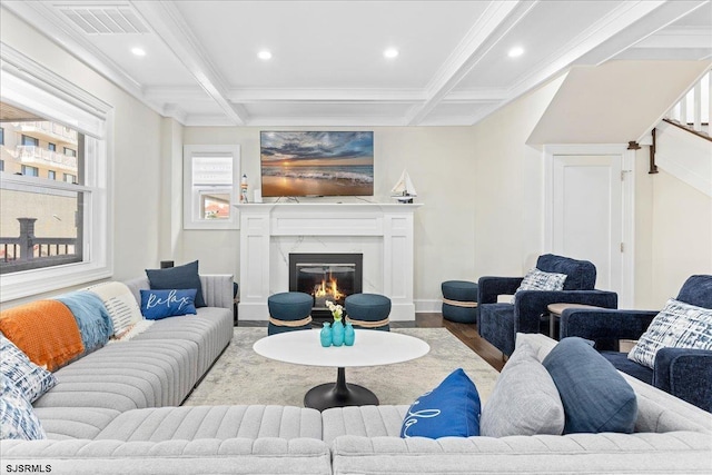 107 S Austin Ave, Ventnor, NJ 08406 - living room featuring wood finished floors, a high end fireplace, crown molding, beam ceiling, and coffered ceiling