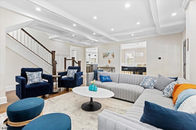 107 S Austin Ave, Ventnor, NJ 08406 - living room featuring wood finished floors, stairway, recessed lighting, beamed ceiling, and coffered ceiling